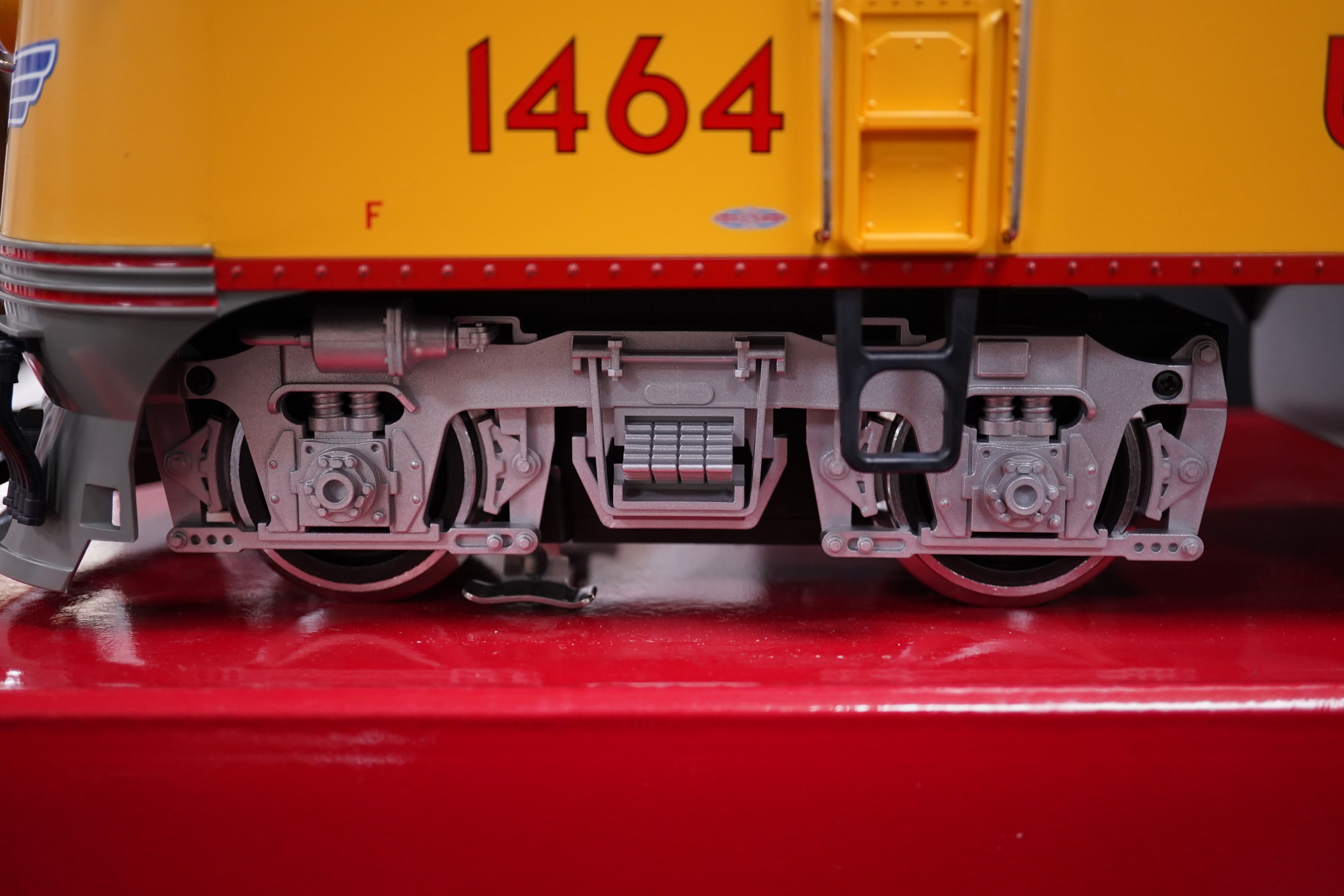 A boxed Lehman LGB (23570) G scale railway Union Pacific Bo-Bo diesel locomotive, 1464, in grey and yellow livery. Condition - good, evidence of very minor running wear only.